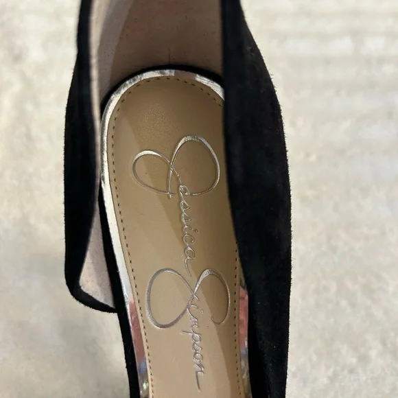 Jessica Simpson velvet like black heels embellished with silver flower details. - Picture 4 of 8